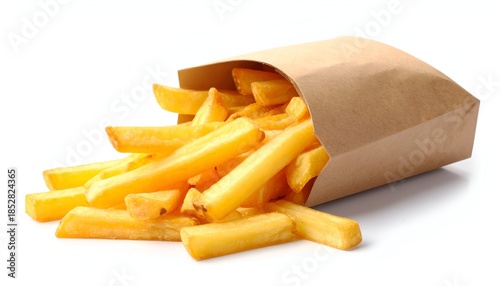 Golden-brown french fries spilling out of a simple brown paper bag on a white surface