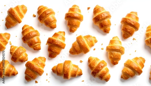 Golden, flaky, baked pastries arranged on a white background, overhead view