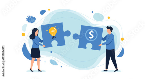 Business partnership and collaboration concept showing two people connecting puzzle pieces with lightbulb and dollar sign symbols.