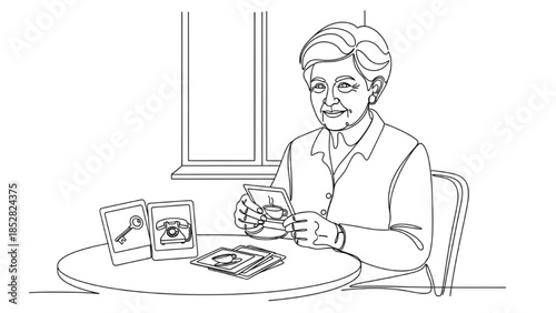 High-quality black continuous line art of senior participating in memory therapy with picture cards, cognitive training, dementia care, elderly rehabilitation, healthcare wellness illustration