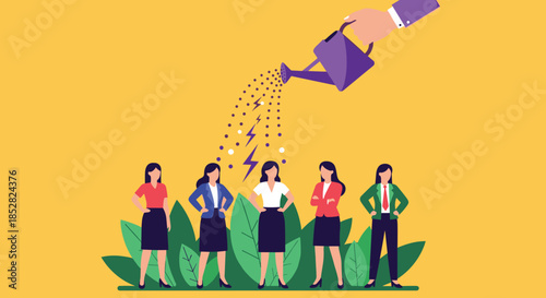 Business growth and female empowerment concept where a large hand waters professional women growing like healthy green plants.