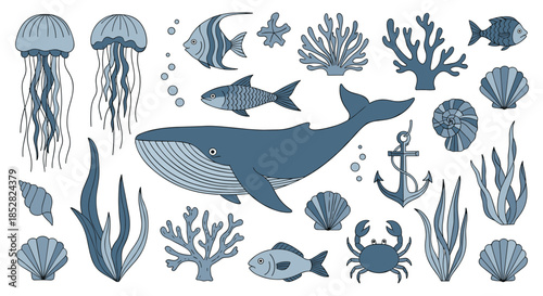Marine life and underwater world collection including whale, jellyfish, fish, shells, coral, crab, and anchor in blue tones.