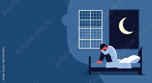 Sad man sitting on a bed in a dark room representing depression, loneliness, and mental health issues with moon outside window.