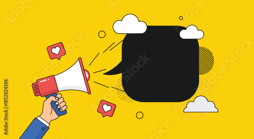 Hand holding a megaphone for marketing and communication with speech bubble and social media heart icons on yellow background.