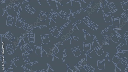 Telescopes containers and tripods pattern in white lines for astronomy or science backgrounds, website banner, or educational materials.