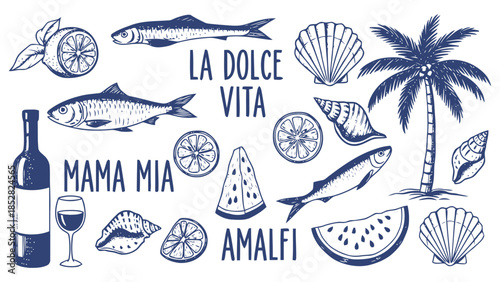 La dolce vita amalfi coast italian cuisine and wine Vector, illustration