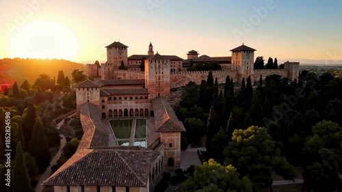 Majestic alhambra palace complex in granada spain illuminated by the warm glow of sunset