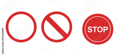 Red stop sign icon collection, including stop hands, cross marks, forbidden symbols, and isolated red stop signs, ideal for road safety, warning visuals, traffic design