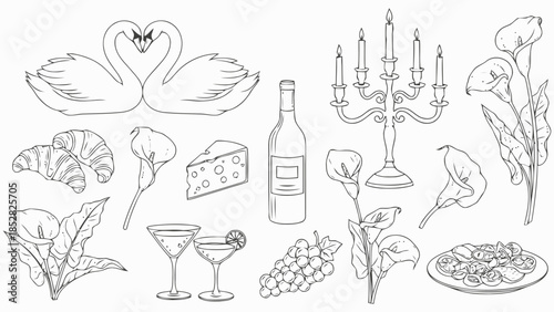 Romantic dinner setup with wine and food Vector, illustration