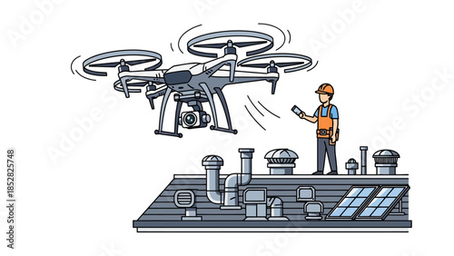 Drone hovering above a roof with a person operating it