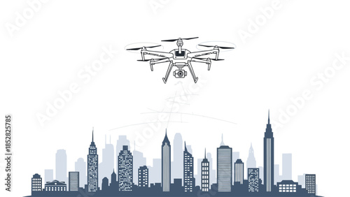 Drone hovering over a cityscape with buildings and a camera