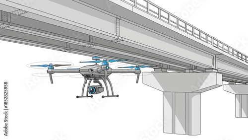 Drone inspects a concrete overpass supported by pillars