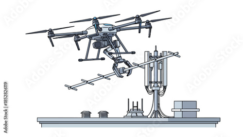Drone servicing antenna on rooftop