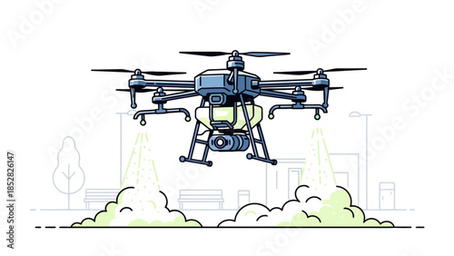 Drone spraying green substance over park with benches