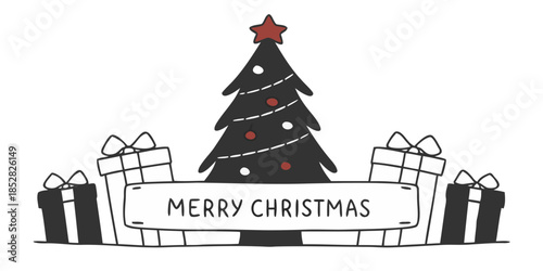 Christmas Icon of Decorated Tree with Gifts and “Merry Christmas” Text