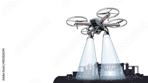 Drone with spotlights illuminating a city at night