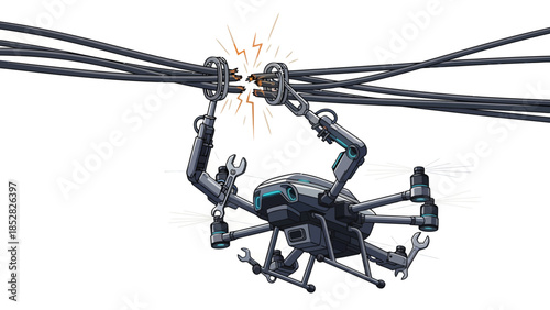 Drone working on overhead power lines with sparking wires