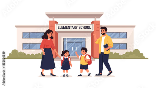 Family outside elementary school building