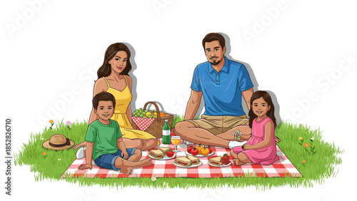 Family picnic on a checkered blanket in the grass