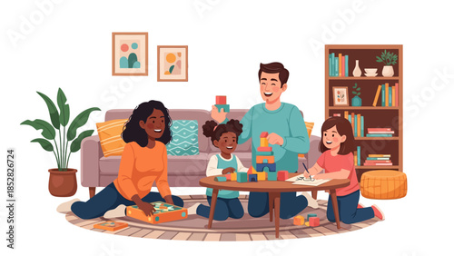 Family playing board games and building blocks in a living room