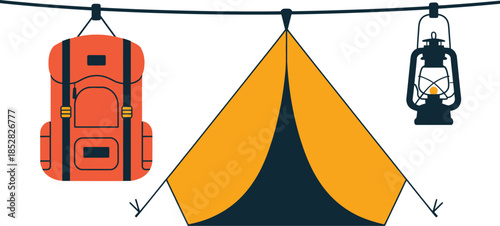 Camping Gear: Backpack, Tent, and Lantern Hanging