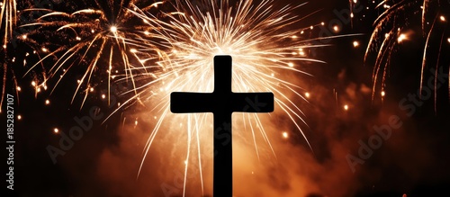Wallpaper Mural Christian Cross Silhouette with Golden Fireworks Display Symbolizing Faith and Celebration Torontodigital.ca