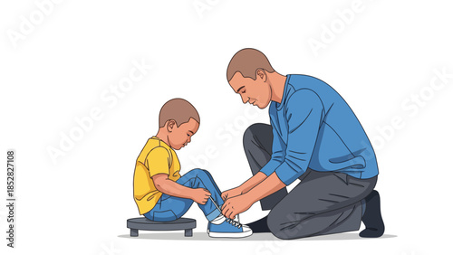 Father ties shoelaces of son sitting on a stool
