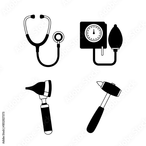 This vector medical icons set features essential healthcare equipment like a stethoscope and sphygmomanometer tonometer used by a doctor to monitor blood pressure and heart pulse for hypertension care