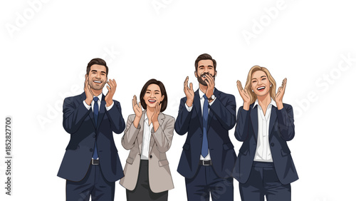 Four people in business attire are clapping their hands in unison smiling