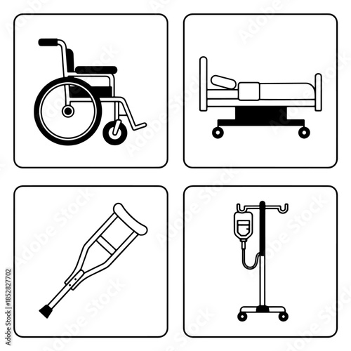Isolated vector illustration of a medical wheelchair icons set featuring metal fitness equipment and sport training tools for disabled health activity on a white background