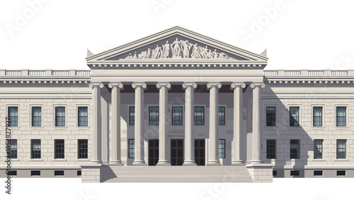 Grand neoclassical building with columns pediment and statues