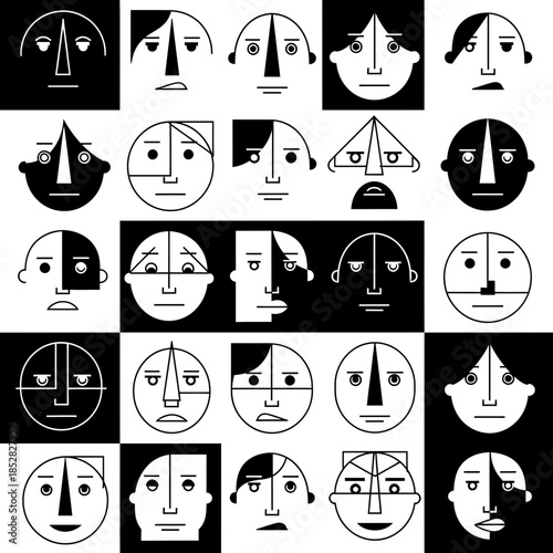 Bold abstract faces expressing diverse emotions in black and white, originally a scalable vector graphic, perfect for modern designs and emotional concepts
