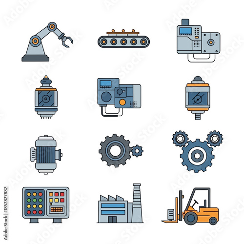 Streamlined factory automation equipment showcasing robotic arm, conveyor belt, gears, and forklift, representing modern industrial processes and manufacturing