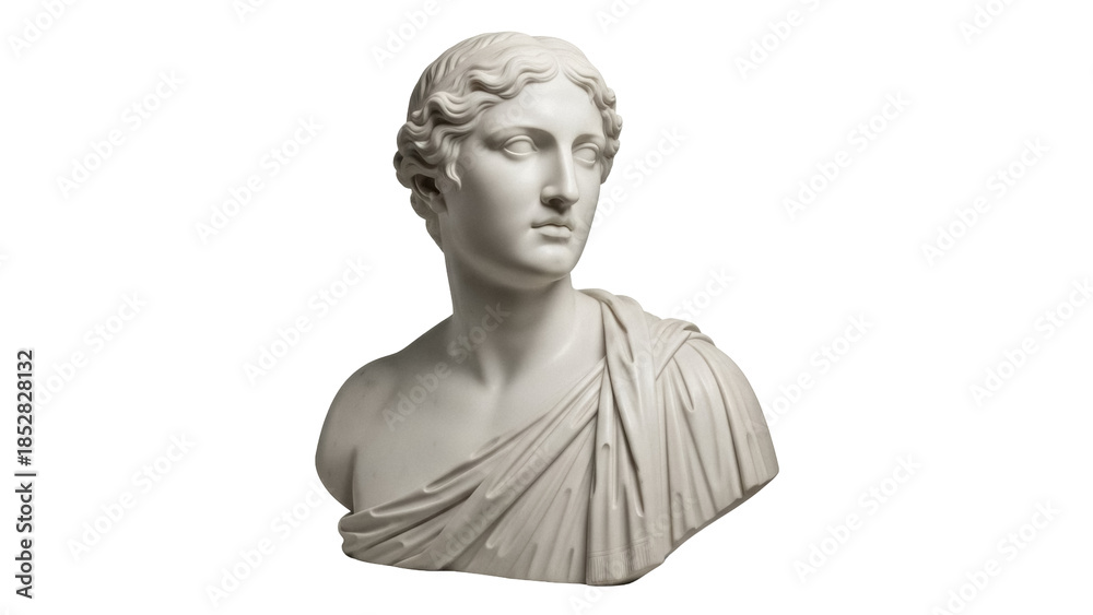 Obraz premium Marble bust of a woman isolated PNG on transparent background, classical sculpture of a female figure for art and design projects