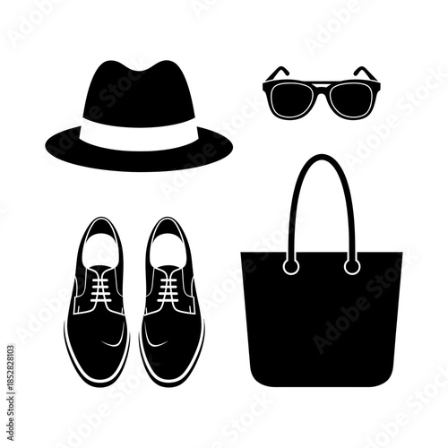Stylish fedora hat, classic oxfords, trendy sunglasses, and a chic tote bag perfect for any modern ensemble or fashion collection.
