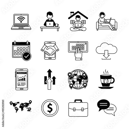 Modern business concepts for remote work, global connection, and financial growth visualized with clean icons for professional projects.