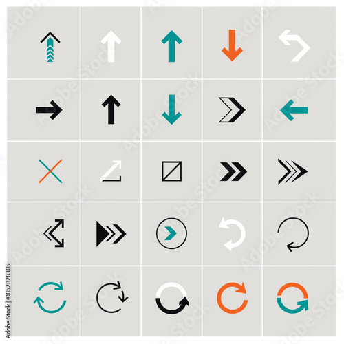 Diverse collection of modern arrow and symbol icons for navigation direction and action guidance in sleek graphic design