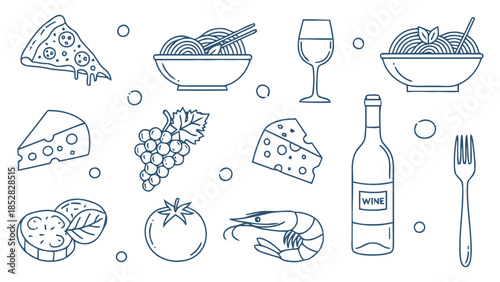 Dining essentials and food items collection illustration Vector, illustration