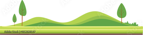 Panoramic vector landscape with rolling green hills and stylized trees under a clear blue sky. Generative AI