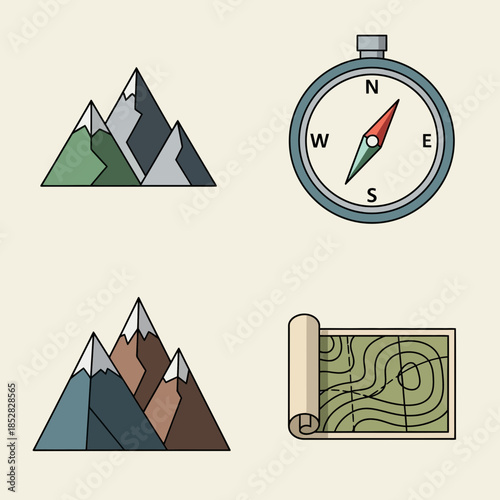 Adventure icons featuring mountains, a compass, and a map for exploring nature and planning expeditions