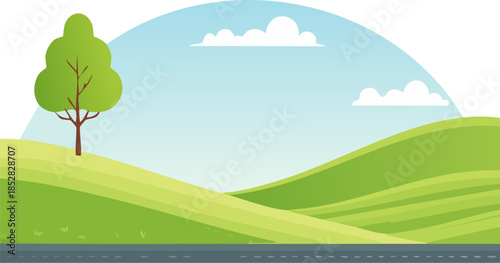 Flat vector landscape background with a single tree, green rolling hills, blue sky, and asphalt road. Generative AI