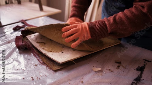 Furniture restorer removing old foam padding from vintage chair seat for reupholstery process