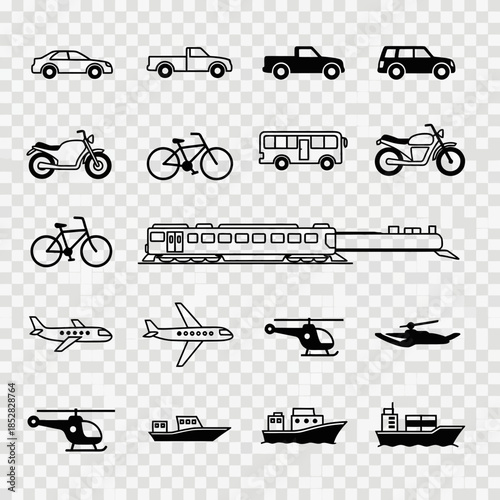 Diverse vehicle collection featuring cars, motorcycles, bicycles, trains, planes, helicopters, and ships for transportation concepts