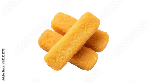 Golden fried fish sticks isolated PNG, crispy breaded seafood snack on transparent background, convenient and tasty finger food for kids and adults