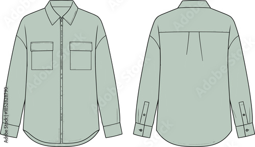 Long sleeve zip front shirt jacket, technical flat CAD drawing, front back view, apparel fashion vector illustration, clothing design template