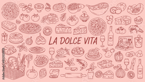 La dolce vita italian cuisine and wine illustration Vector, illustration