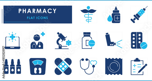 A set of flat icons related to Pharmacy. Medical, syringe, medicine, digital, symbol, microscope, health, health report, and so on.