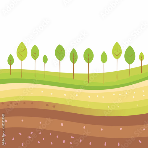 Cross-section vector illustration showing layers of underground soil strata with green trees on top. Generative AI
