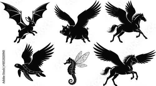 Mythical flying animal silhouette vector illustration set featuring pegasus bat pig turtle seahorse fantasy creatures black icons collection