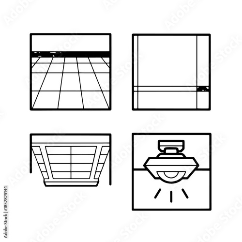 Set of kitchen utensils and furniture icons featuring vector illustrations of interior room designs including office tables and chairs in a 3D architecture sketch style